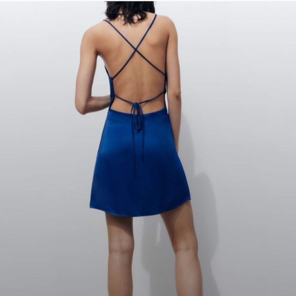 Zara Royal Blue Satin Mini Dress with Strappy Open Back